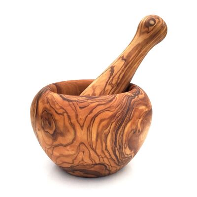 Mortar with pestle rounded handmade from olive wood