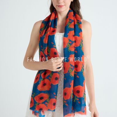 Vibrant Poppy Floral Print Frayed Scarf