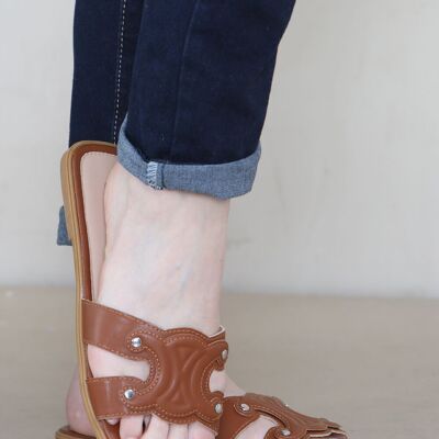 Tan PU Designer Slider Sandals