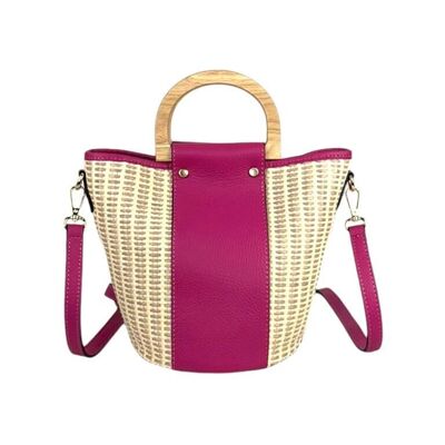 Raffia and Italian Leather Bucket Bag with 2 Wooden Handles
