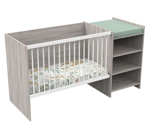 Lit bébé combiné 120x60 évolutif en 90x190 en décor bois avec commode à langer étagère - UP