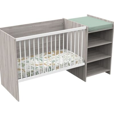 Lit bébé combiné 120x60 évolutif en 90x190 en décor bois avec commode à langer étagère - UP