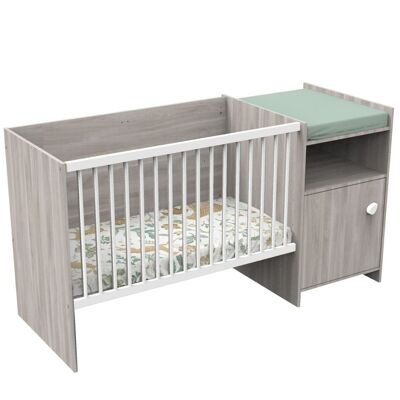 Lit bébé combiné 120x60 évolutif en 90x190 en décor bois avec commode à langer 1 porte - UP