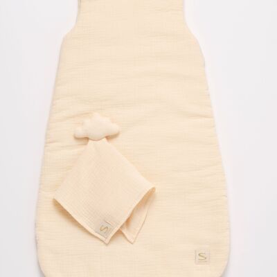 Baby winter sleeping bag in double cotton gauze and its handkerchief comforter - UNI VANILLA