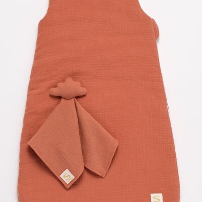 Saco de dormir de invierno para bebé en doble gasa de algodón y su edredón con pañuelo - UNI TERRACOTTA