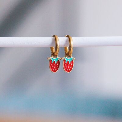 Stainless steel hoop earrings with strawberry
