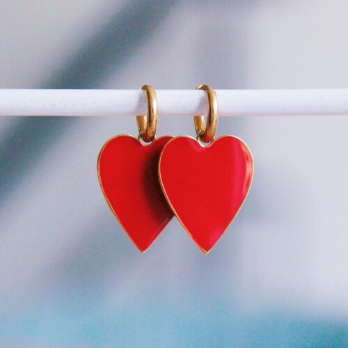 Stainless steel hoop earrings with large heart - red/gold