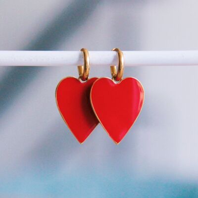 Boucles d'oreilles créoles en acier inoxydable avec grand coeur - rouge/or