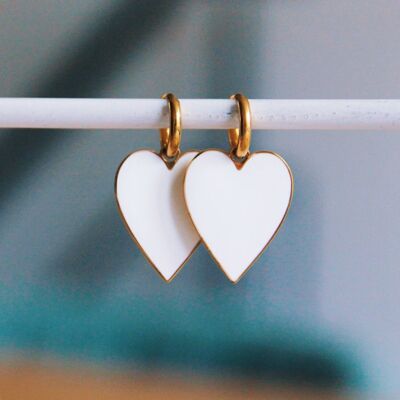 Stainless steel hoop earrings with large heart - white/gold