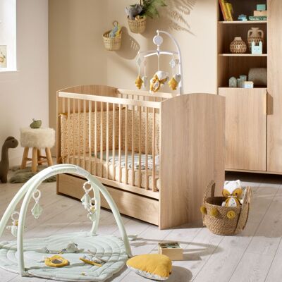 Cuna de bebé 120 x 60 con cabeceros redondeados de madera con decoración de roble dorado - AZUR