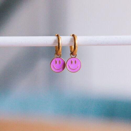 Stainless steel hoop earrings with smiley - pink