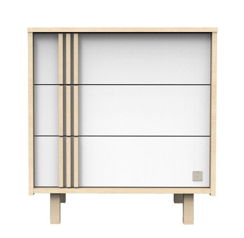 Commode 3 tiroirs en décor chêne velours et blanc avec appliques en bois - NATURE
