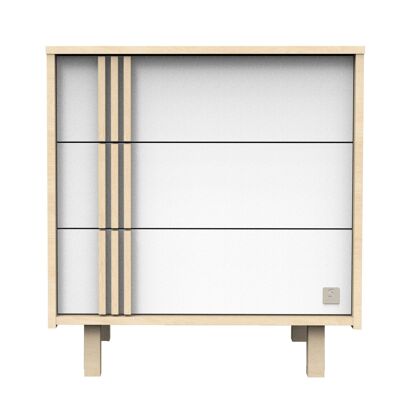 Commode 3 tiroirs en décor chêne velours et blanc avec appliques en bois - NATURE