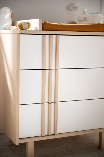 Commode 3 tiroirs en décor chêne velours et blanc avec appliques en bois - NATURE 5