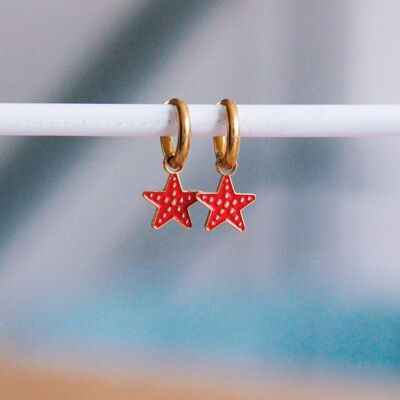 Pendientes de aro de acero con estrella de mar - coral