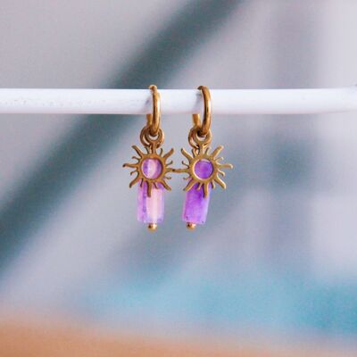 Stainless steel hoop earrings with gemstone tube and sun - purple/gold