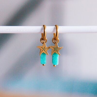 Stainless steel hoop earrings with gemstone tube and starfish - mint/gold