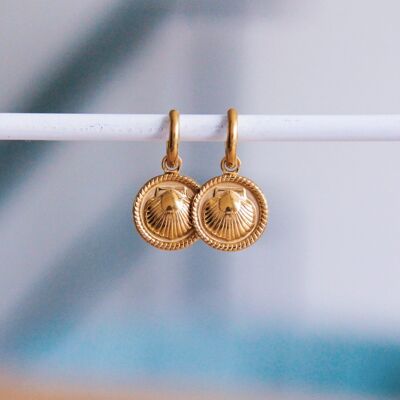 Stainless steel hoop earrings with round shell charm - gold