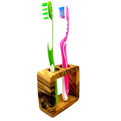 Portaspazzolino THE FRAME per 2 spazzolini da denti con inserto in vetro realizzato in legno d'ulivo