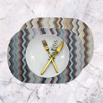 Placemat set of 6 oval faux leather zigzag grey brown two-tone