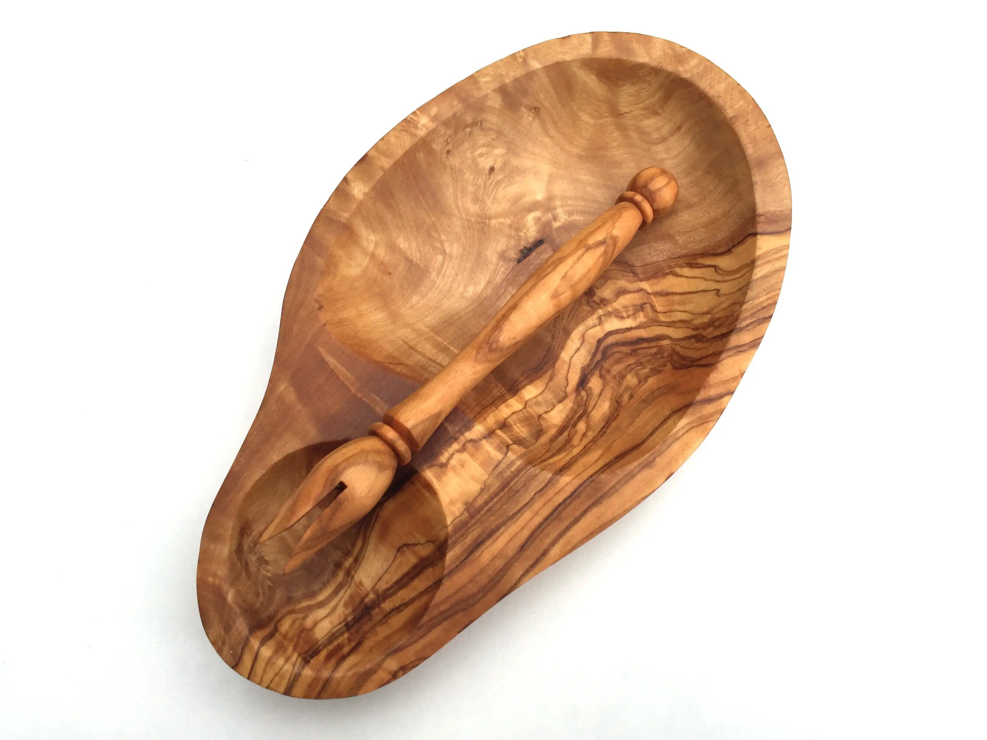 Cuenco para aceitunas con recogedor de aceitunas hecho a mano en madera de olivo