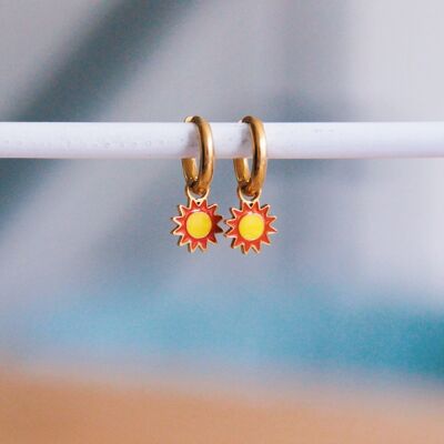 Stainless steel hoop earrings with sun - yellow/orange