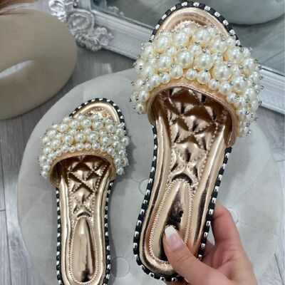 ROSE GOLD FLAT PADDED SOLE PEARL SLIDES SUMMER SANDALS