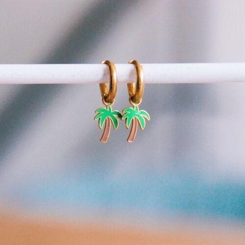 Stainless steel hoop earrings with palm tree - green/beige