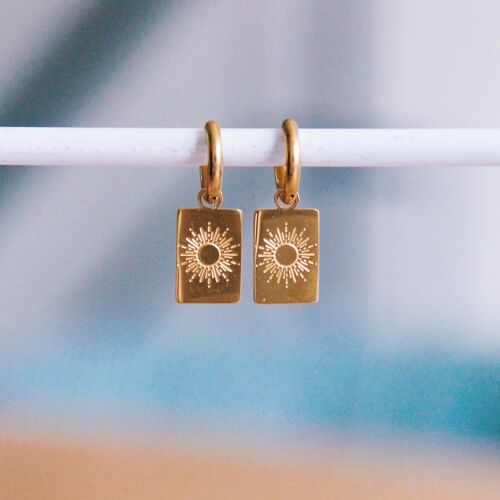 Stainless steel hoop earrings with tag and sun - gold