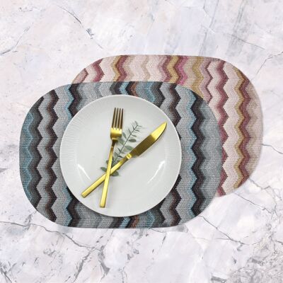 Placemat 6 set oval faux leather zigzag grey blue pink