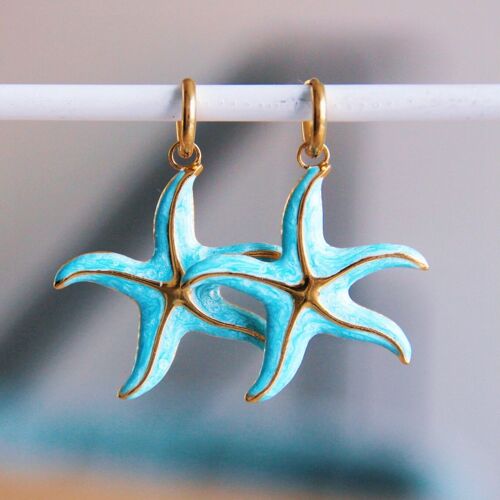 Stainless steel hoop earrings with XL starfish - turquoise/gold