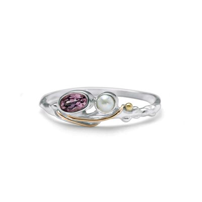 Bague délicate en tourmaline rose et perle avec détails dorés