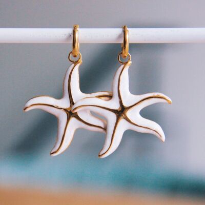 Pendientes de aro de acero con estrella de mar XL - nácar/oro