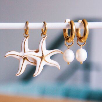 Boucles d'oreilles créoles en acier avec étoile de mer XL - nacre/or 2