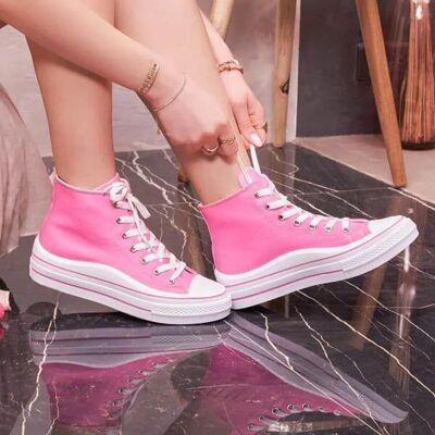 PINK LACE UP CANVAS TRAINERS HI TOP SHOES