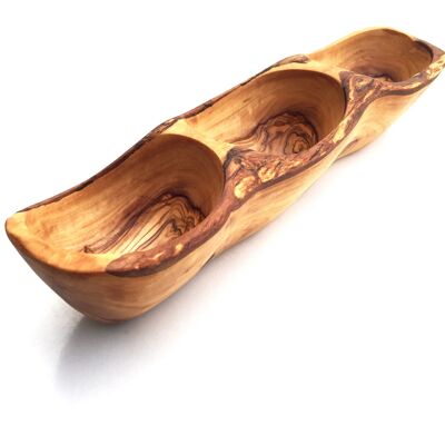 Bowl elongated 3 compartments rustic made of olive wood handmade