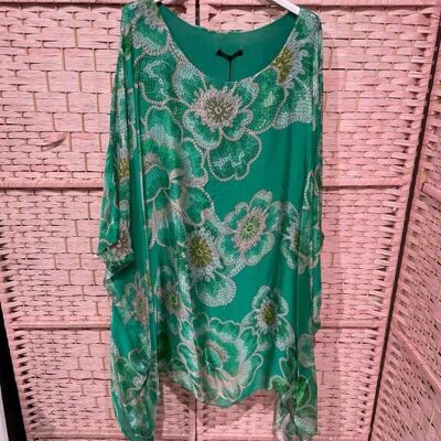 Women's Long Silk Blouse with Flower Design and One Size