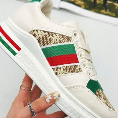 WHITE LACE UP STRIPE DESIGN TAB DETAIL FLAT TRAINERS