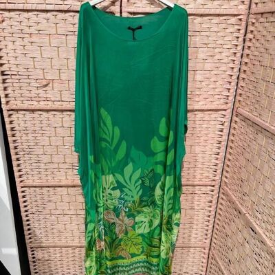 Women's Long Silk Dress with Sleeves and Leaf Design