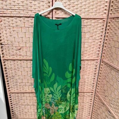 Women's Long Silk Dress with Sleeves and Leaf Design