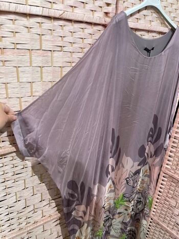 Robe longue en soie pour femmes avec manches et motif feuilles 12