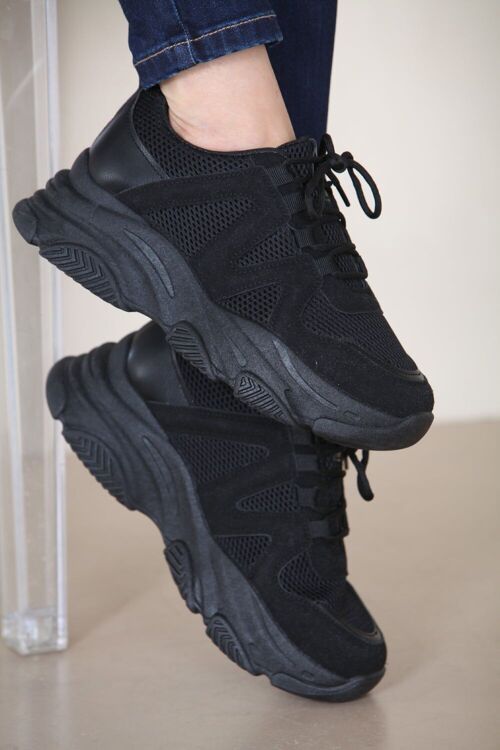 BLACK CHUNKY SOLE DESIGNER LACE UP TRAINERS