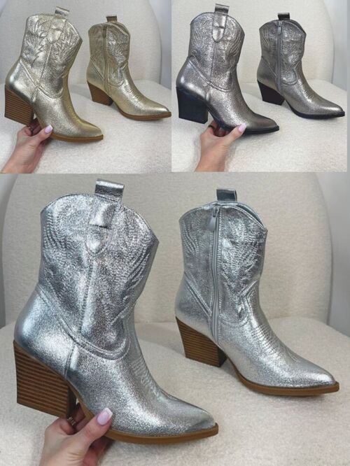 METALLIC EMBROIDED WESTERN COWBOY ANKLE BOOTS