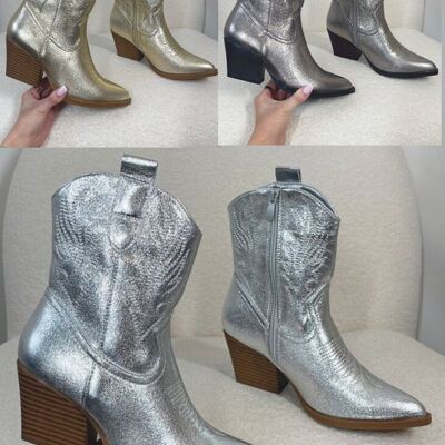 METALLIC EMBROIDED WESTERN COWBOY ANKLE BOOTS