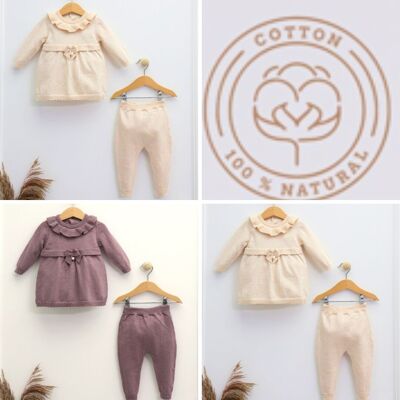 Un paquete de cuatro tamaños de prendas de punto de algodón orgánico para bebés de 0 a 12 meses, conjunto de perlas con cuello con volantes