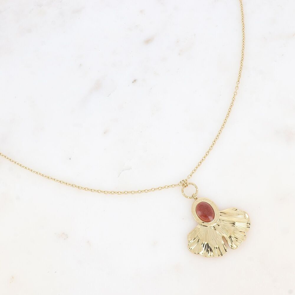 Collana lunga - foglia di ginko in acciaio inossidabile e pietra naturale ovale
