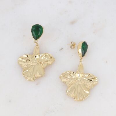 Dangle earrings - crystal drop and textured foliage in stainless steel