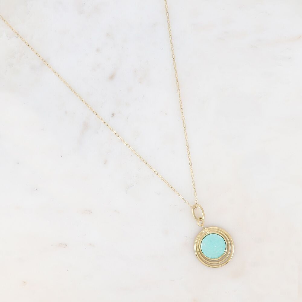 Long necklace - 3 ring medallion in stainless steel and natural stone