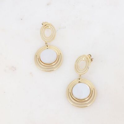 Dangling earrings - double medallion with 3 rings and natural stone
