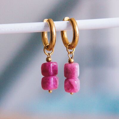 Stainless steel wide hoop earring with gemstone blocks - magenta/gold